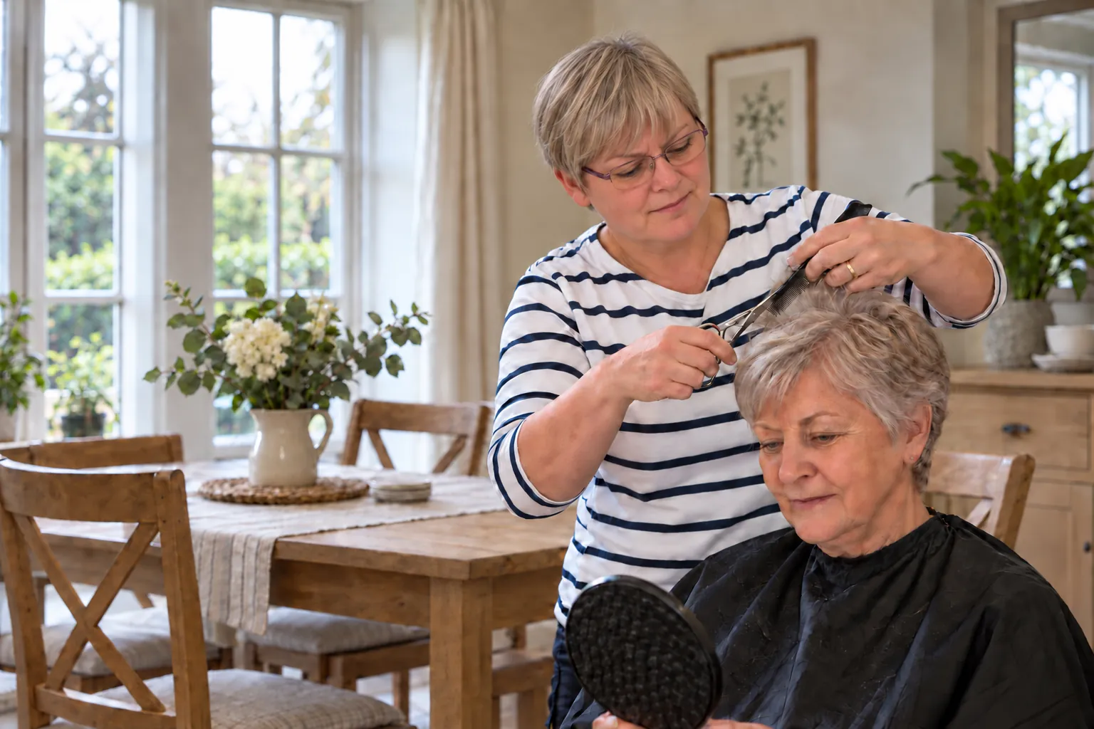 A hairdresser giving a home haircut in a bright living room